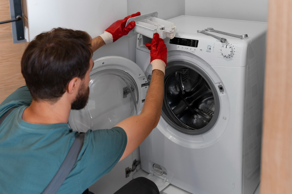 Washing machine repair technician inspecting appliance in Abu Dhabi